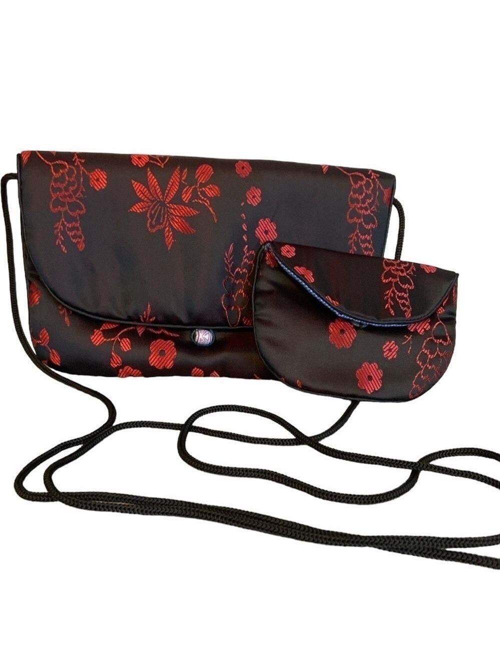 Satin Mini Evening Bag & Coin Purse Asian Print Black & Red